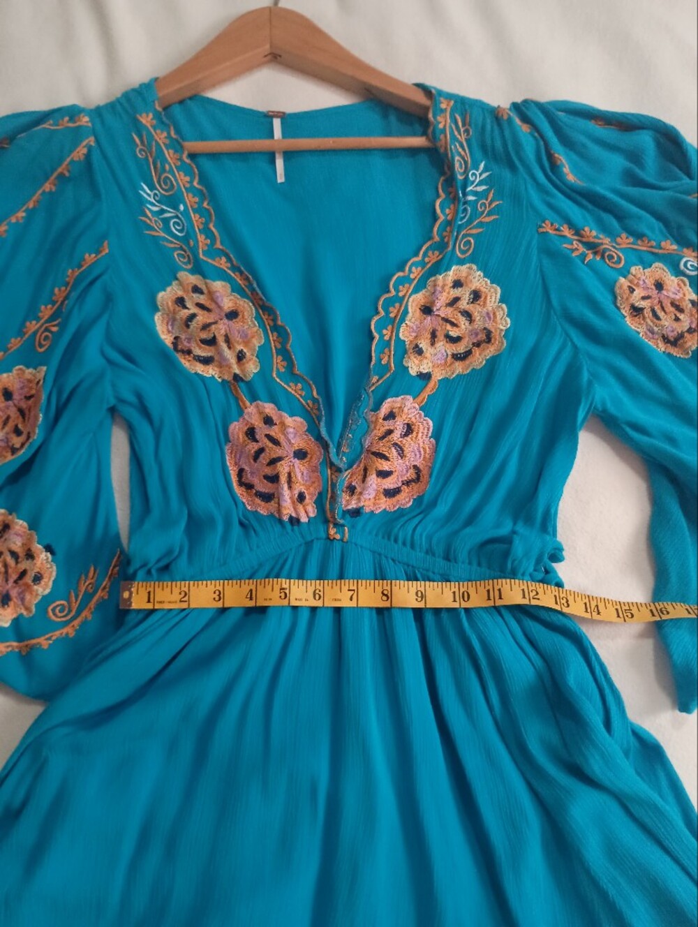 Free People- Teal Embroidered V-Neck Flutter Sleeve Mini Dress- Size S - Picture 8 of 9